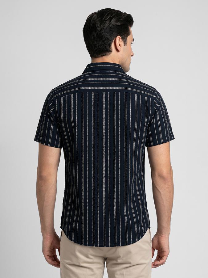 R&B Navy Blue Striped Men Spread Collar Short Sleeves Shirt