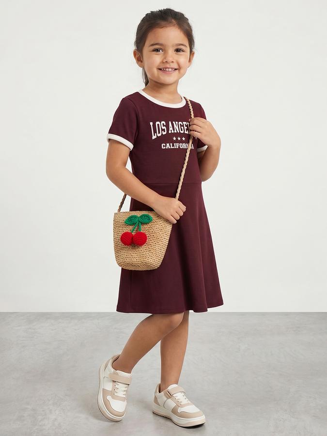 R&B Girl Brown California Graphic Print Pure Cotton Short Sleeves A-Line Dress