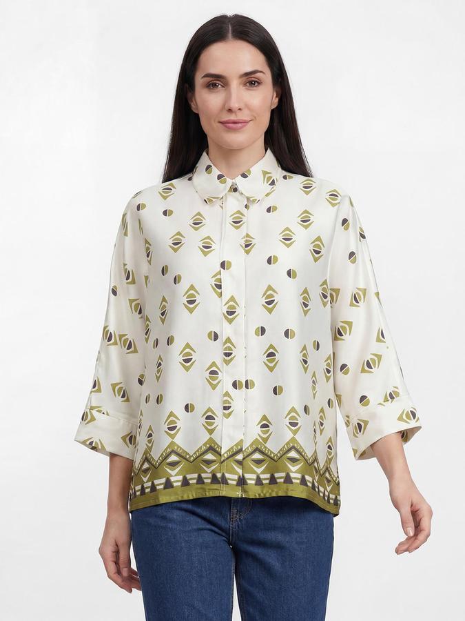 R&B Womens BLUE Printed Shirt Collar Three-Quarter Sleeves Tops 