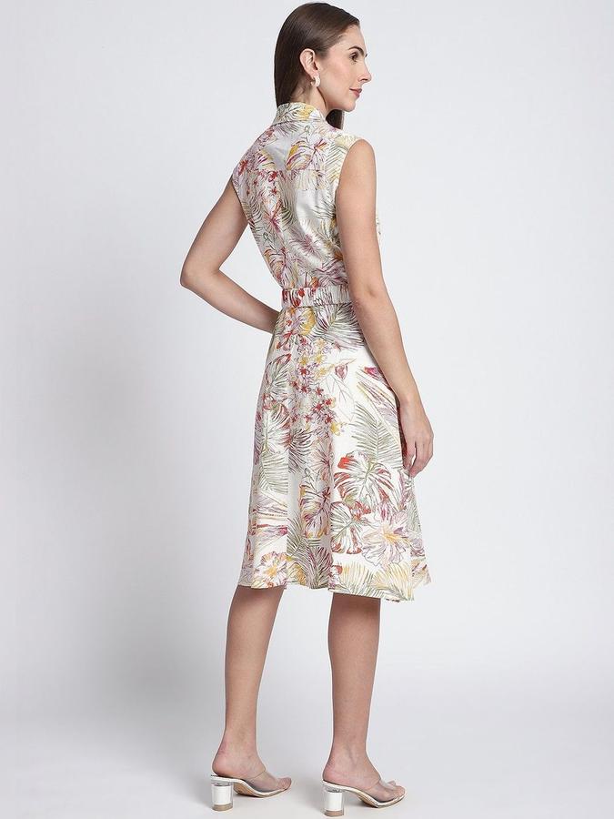 R&B Women Off White Floral Sleeveless Lapel Collar Knee Length A-Line Dress
