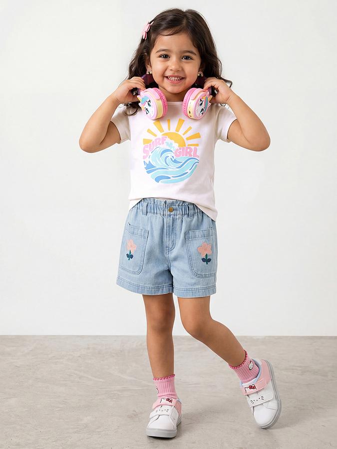 R&B Girls White Regular Fit Graphic Print Short Sleeve T-shirt
