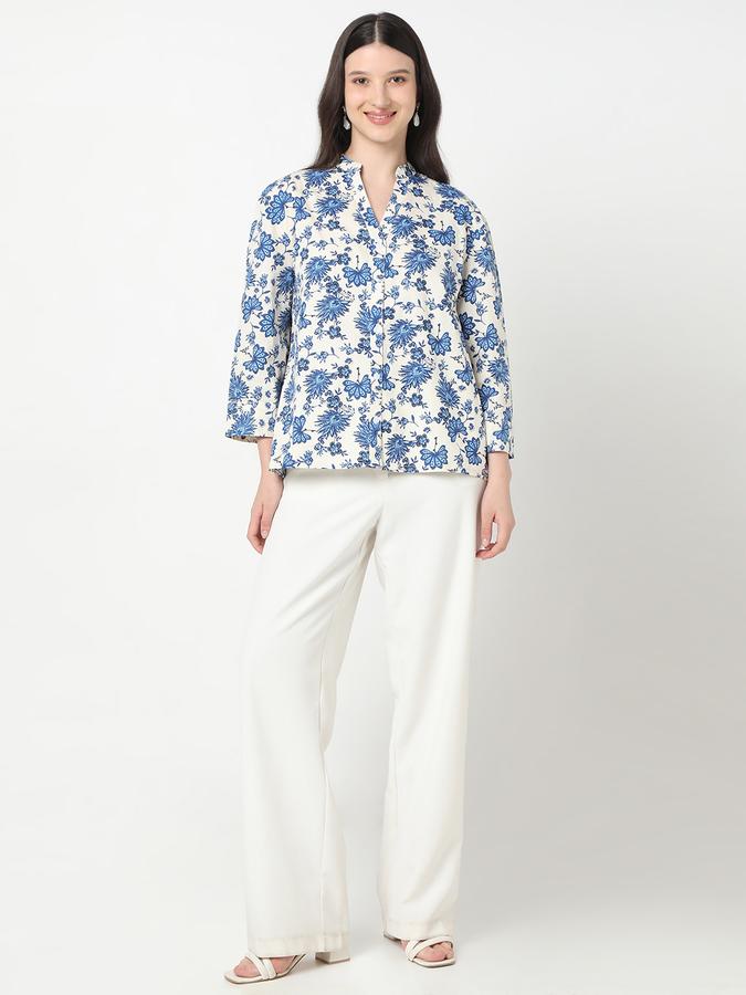 Women Cotton Regular Fit Mandarin Collar Floral Top