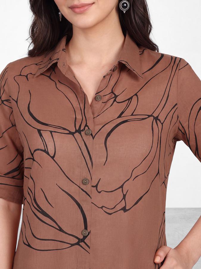 R&B Womens Brown Short Sleeves Collared Floral Printed Straight Kurta
