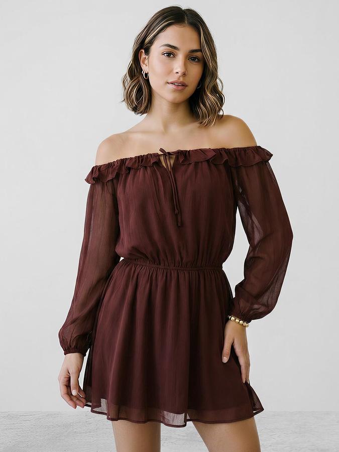 R&B Women Coffee Solid Off-shoulder Dress