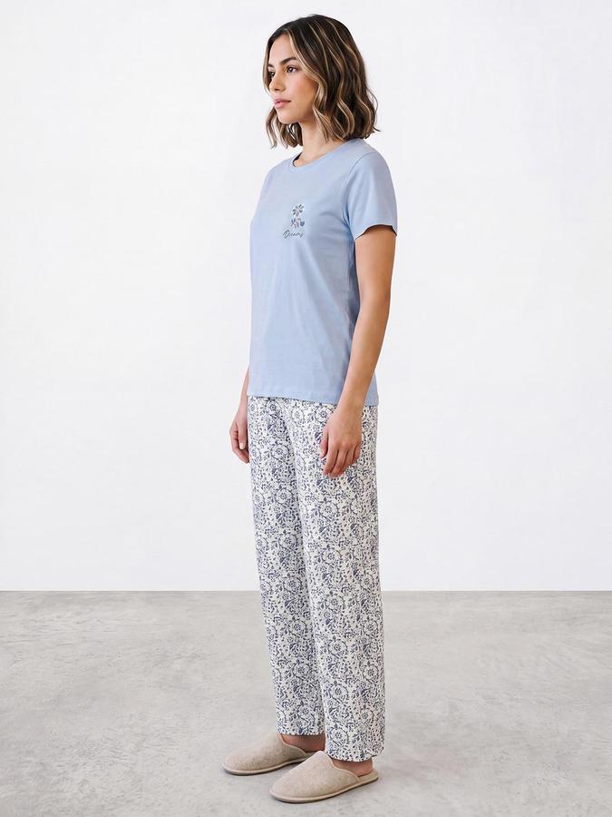 R&B Women Powder Blue Graphic Print Short Sleeves Pure Cotton T-shirt & Pyjama Set