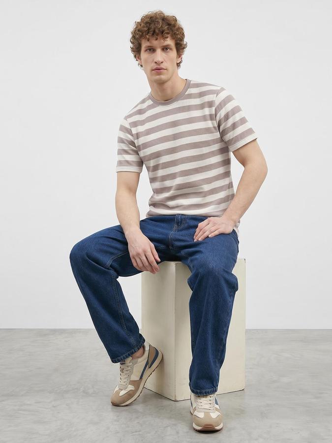 R&B Beige Men Striped Short Sleeves Tshirt