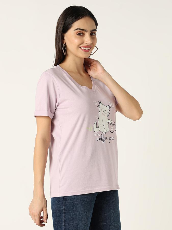 R&B Women Lilac Character Cat Graphic T-Shirt