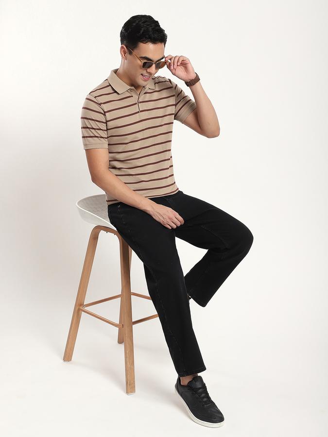 Men Cotton Blend Regular Fit Polo Neck Striped T-shirt