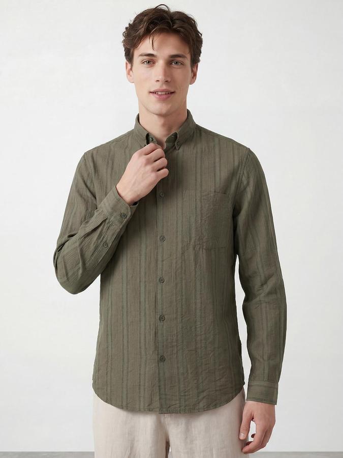 R&B Men Olive Button Down Long Sleeves Striped Shirt