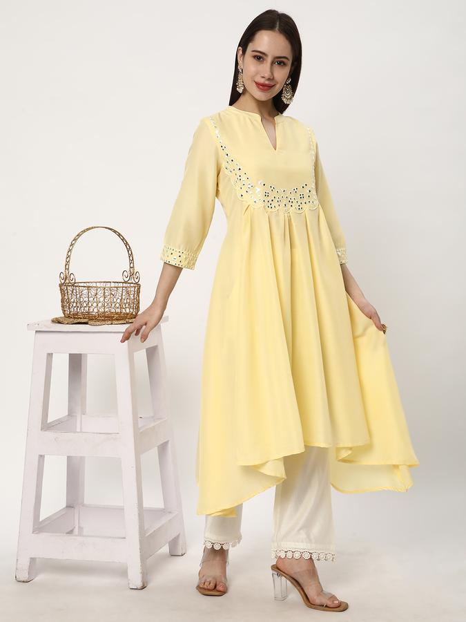 Women Poly Blend Regular Fit Mandarin Collar Embellished Kurta