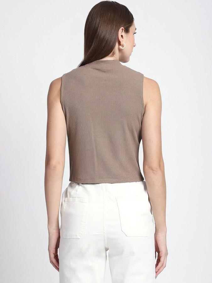 R&B Womens Dark Brown Self Design High Neck Sleeveless Top
