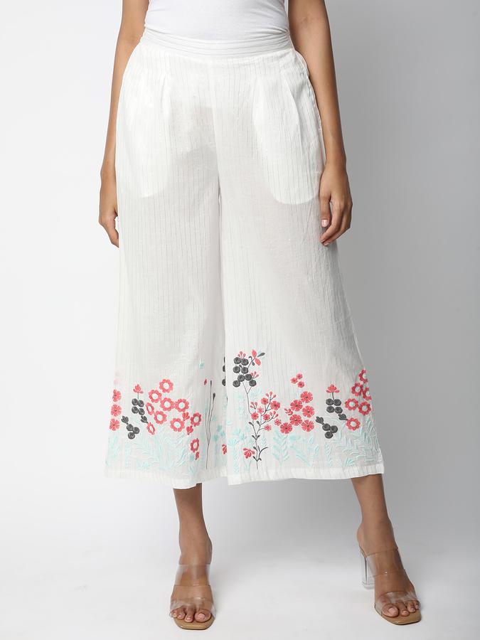 Women Cotton Culottes Elasticated Waist Embroidered Trousers