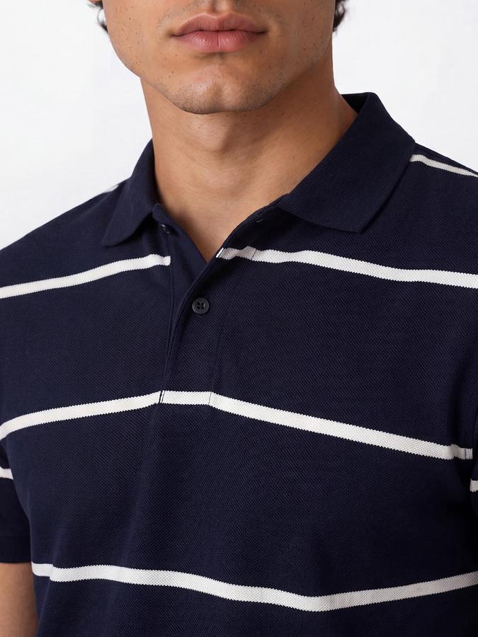 R&B Men Navy Blue Striped Short Sleeves Polo Tshirt
