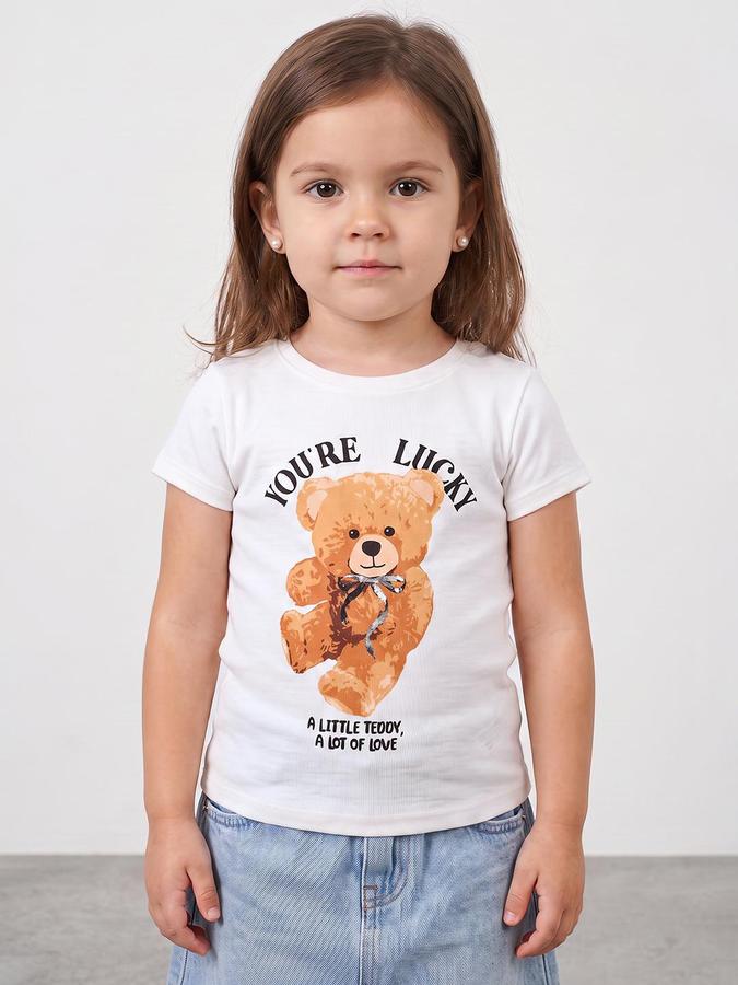 R&B Girls Ivory Teddy Print Short Sleeves Round Neck Pure Cotton T-Shirt