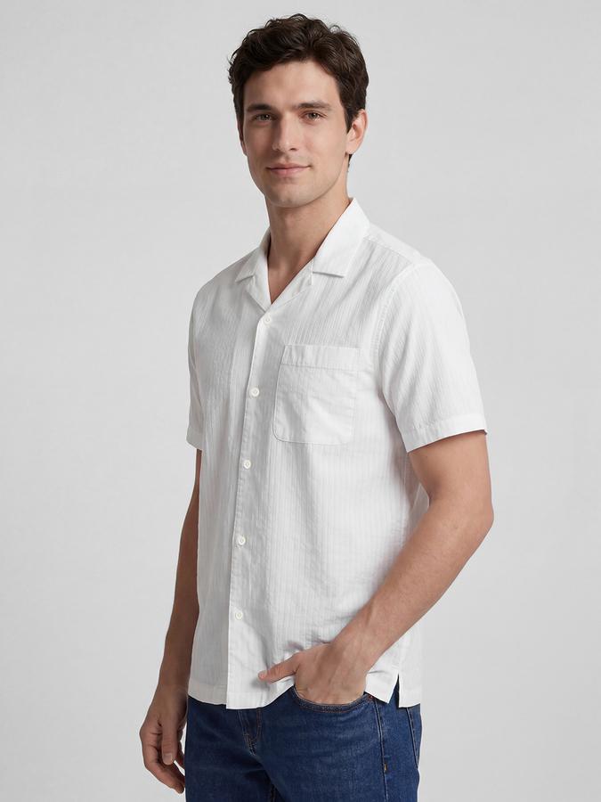 R&B Ivory Striped Men Cuban Collar Short Sleeves Shirt