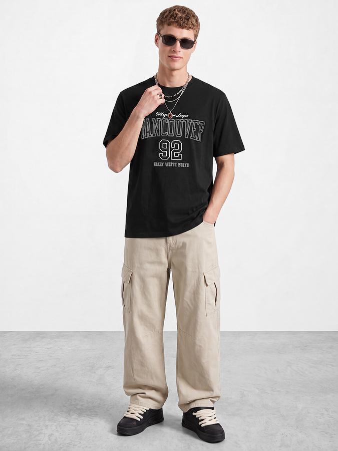 R&B Men Black Typographic Print Short Sleeves Relaxed Fit Pure Cotton Tshirt