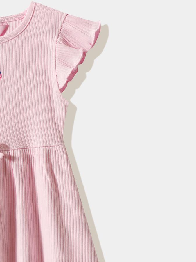 Girls Cotton Regular Fit Round Neck Ruffled Dress