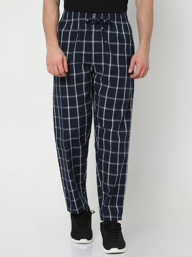 R&B Men Checked Straight Track Pants with Drawstring Waist