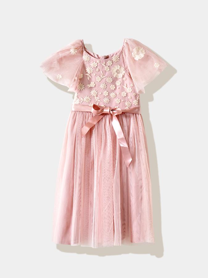 Girls Tulle Fit And Flare Round Neck Ruffled Dress