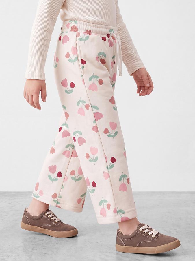 R&B Girls Beige Floral Print Flared Pant With Drawstring Closure