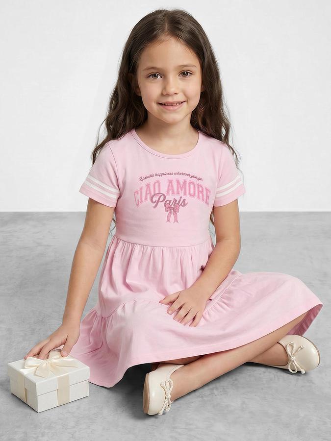 R&B Pink Cotton Printed Girls Dresses