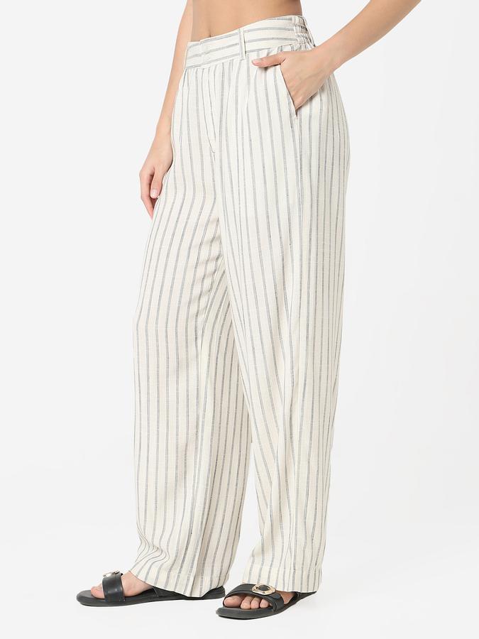 Women Linen Blend Wide Leg High Rise Pleated Trousers