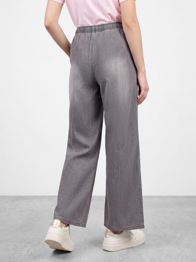 R&B Women Pure Cotton Grey Wide Leg Jeans With Drawstring Closure