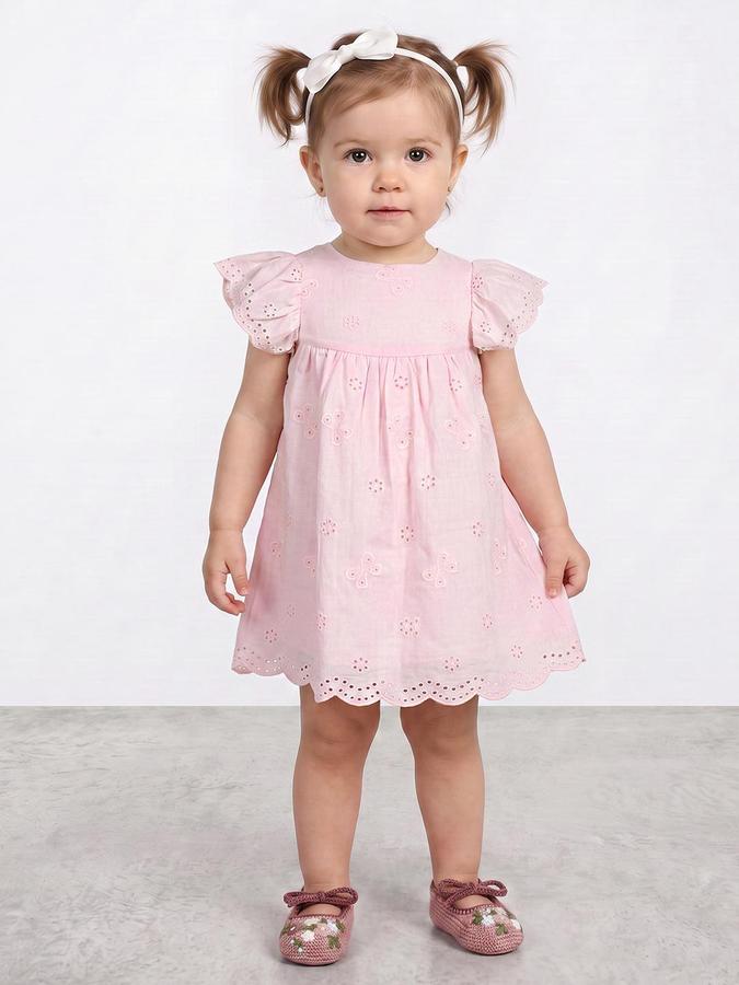 R&B Girls Pink Embroidered Round Neck Flutter Sleeves A-Line Dress