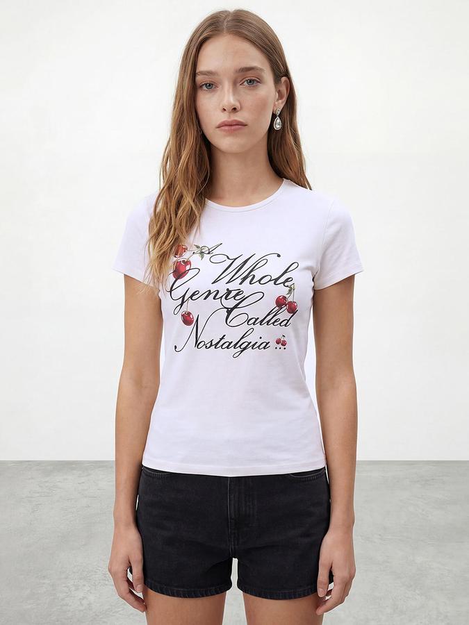 R&B Women White Short Sleeves Round Neck Slim Fit Typography Print T-Shirt