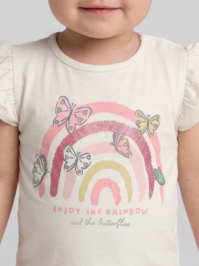 R&B White Graphic Print Girls Round Neck Regular Fit Short Sleeves T-Shirt 
