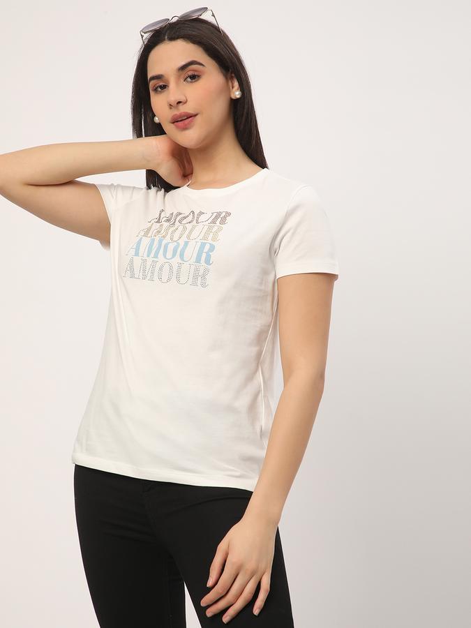 Women Cotton Regular Fit Round Neck Embellished T-shirt