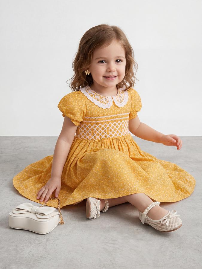 R&B Girl Yellow Floral Print Pure Cotton Puff Sleeves Fit and Flare Dress