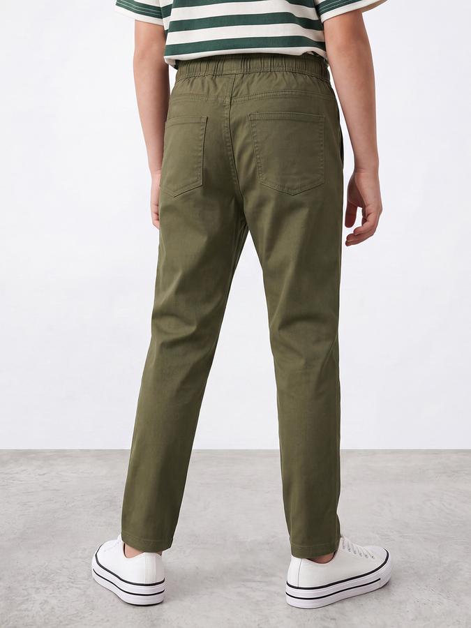 R&B Boys Olive Solid Regular Fit Mid Rise Trousers