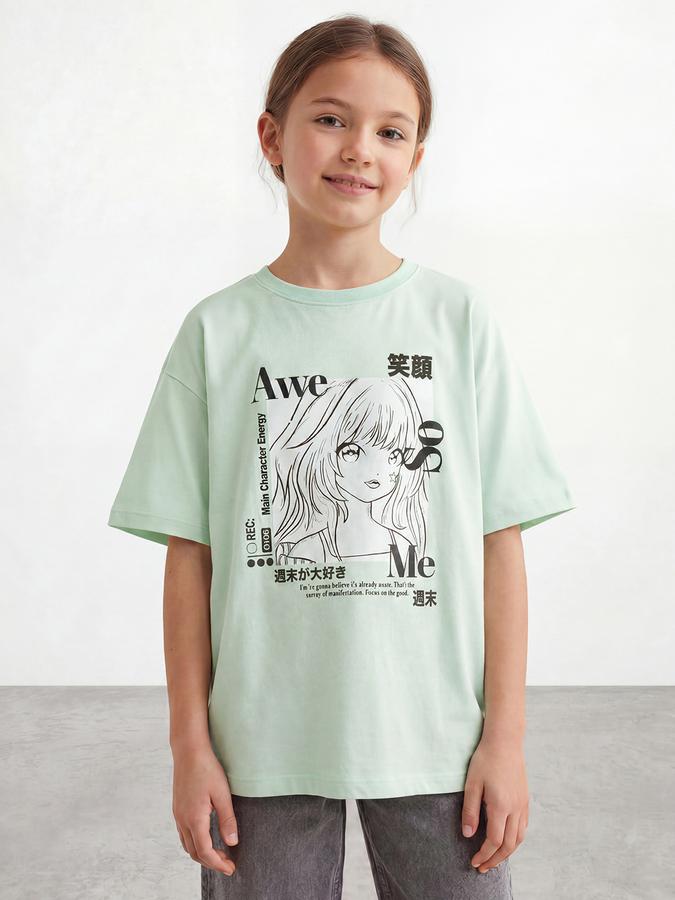 R&B Girls Green Kawaii Print Regular Fit Round Neck Half Sleeve T-Shirt