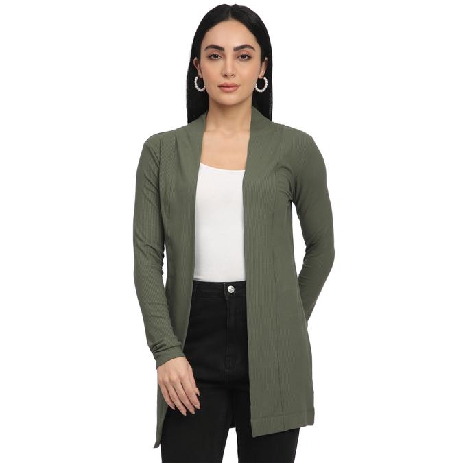 R&B Women Olive Textured Longline Cardigan