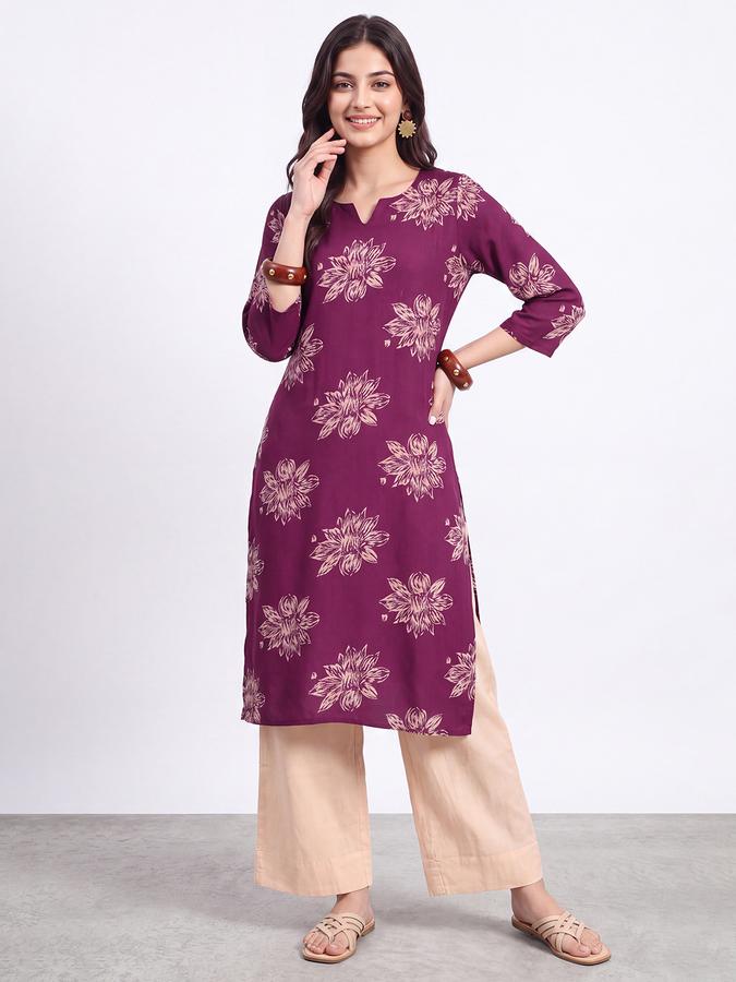 R&B Womens Wine Three-Quarter Sleeves Round Neck Floral Printed Straight Kurta