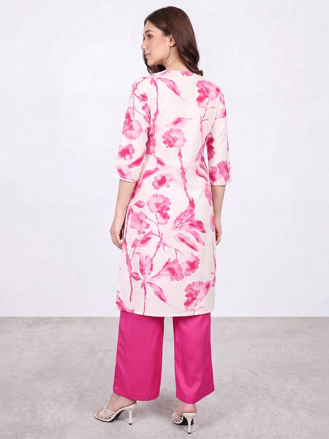 R&B Women Pink Three-Forth Sleeve V-Neck Floral Print Kurta