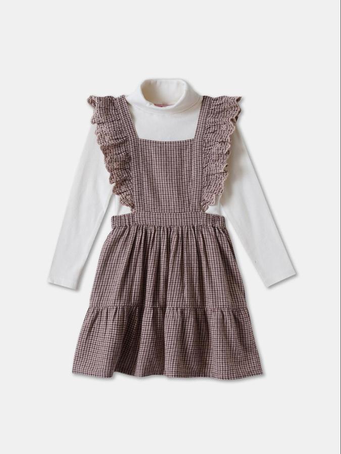 R&B Beige Checked Girls Clothing Set