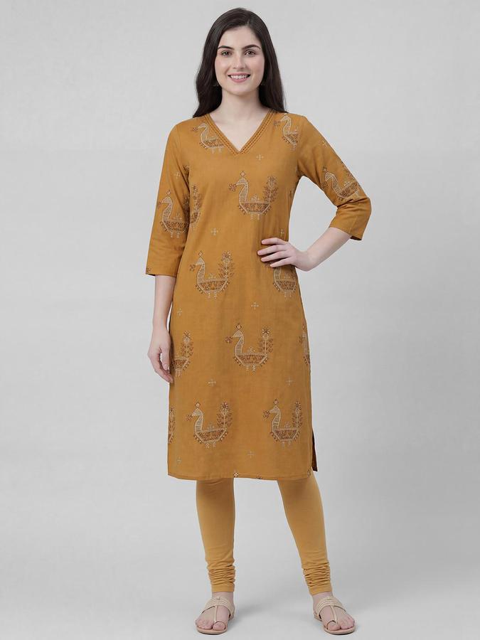 R&B Women Mustard Etnic Motifs Print V-Neck Knee Length Pure Cotton Ethnic Kurta