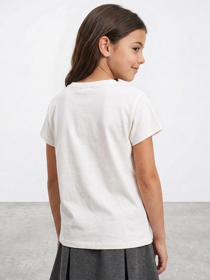 R&B Girls White Graphic Print Short Sleeves Round Neck Pure Cotton T-Shirt