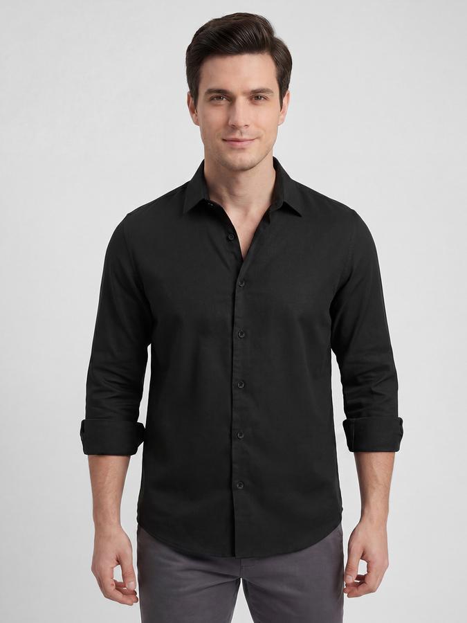 R&B Black Solid Men Spread Collar Long Sleeves Shirt