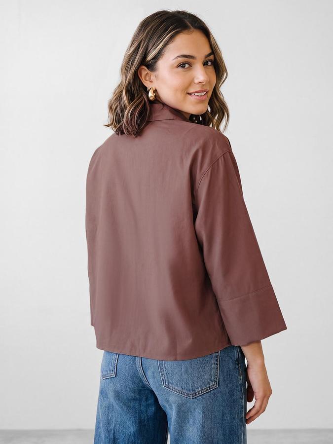 R&B Women Brown Solid Shirt Collar Long Sleeves Shirt Style Top