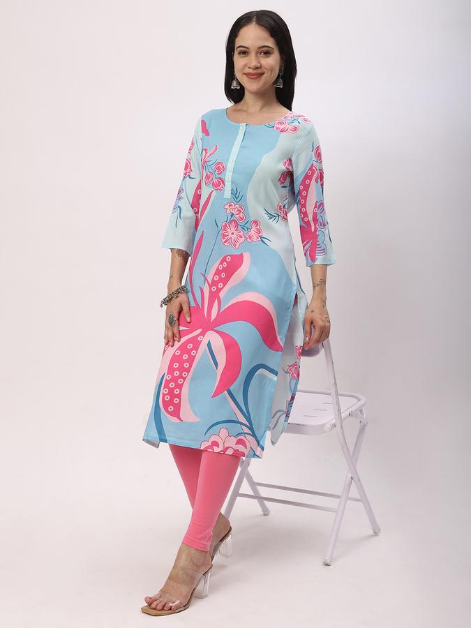 Women Rayon Regular Fit Round Neck Printed Kurta