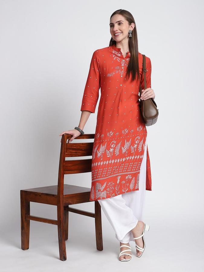 R&B Women Red Floral Print Mandarin Collar Knee Length Pure Viscose Ethnic Kurta