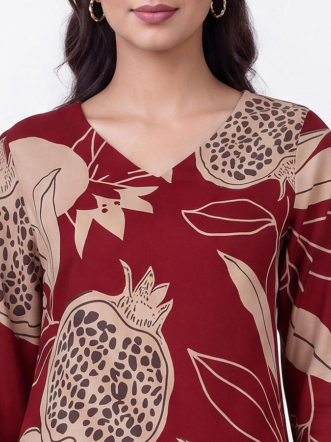 R&B Women Maroon Floral Print V-Neck Three-Quarter Sleeves Straight Kurta