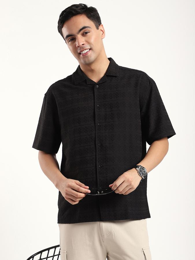 Men Polyester Relaxed Fit Cuban Collar Textured Shirt