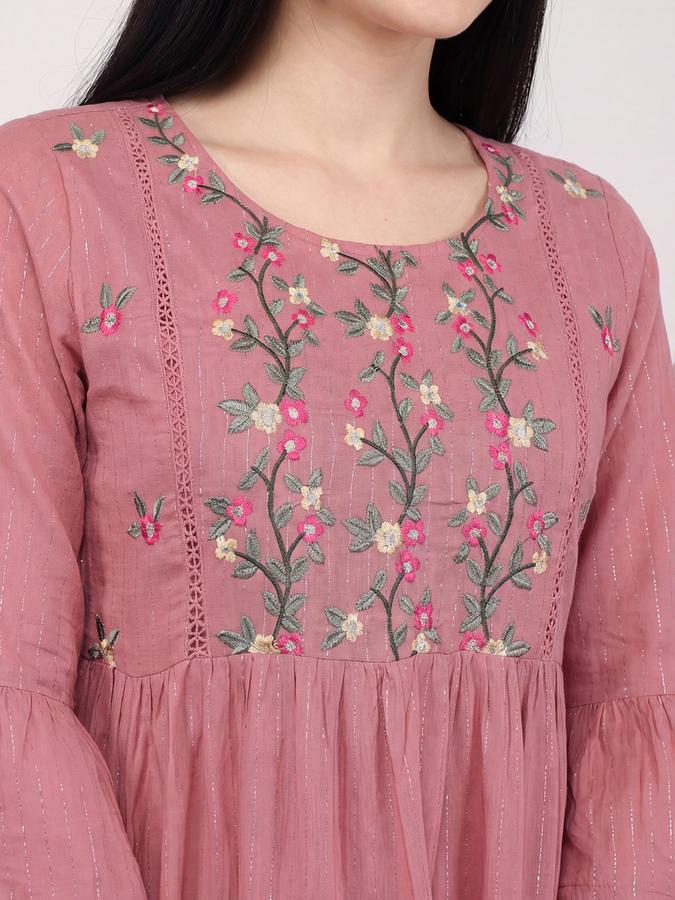 R&B Pink Embroidered Round Neck Three-Quarter Sleeves Fit and Flare Women Mini Dress