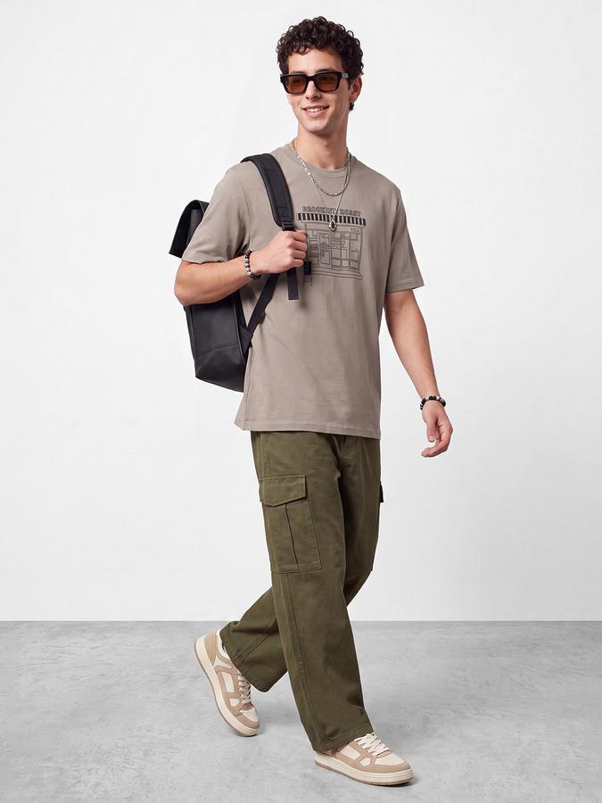 R&B Men Sand Brown Graphic Print Short Sleeves Relaxed Fit Pure Cotton Tshirt