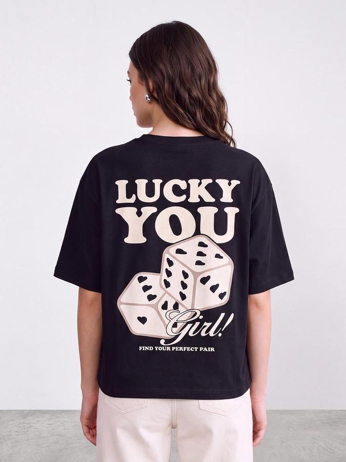 R&B Women Black Graphic Back Print Pure Cotton Round Neck T-Shirt