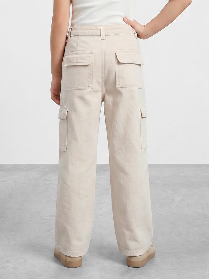 R&B Girls Beige Wide Leg Solid Mid-Rise Cotton Trouser